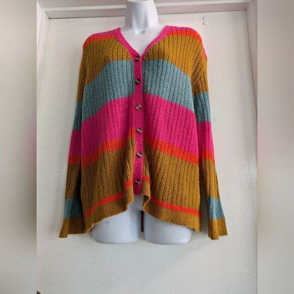 Dee Elly Pink green orange Knit Open Front button Cardigan medium - Picture 4 of 8